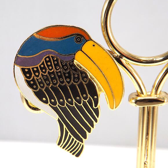 Laurel Burch Toucan Brooch, Gold Plated Cloisonne & Enamel, 1980 Vintage Jewelry - Picture 10 of 10